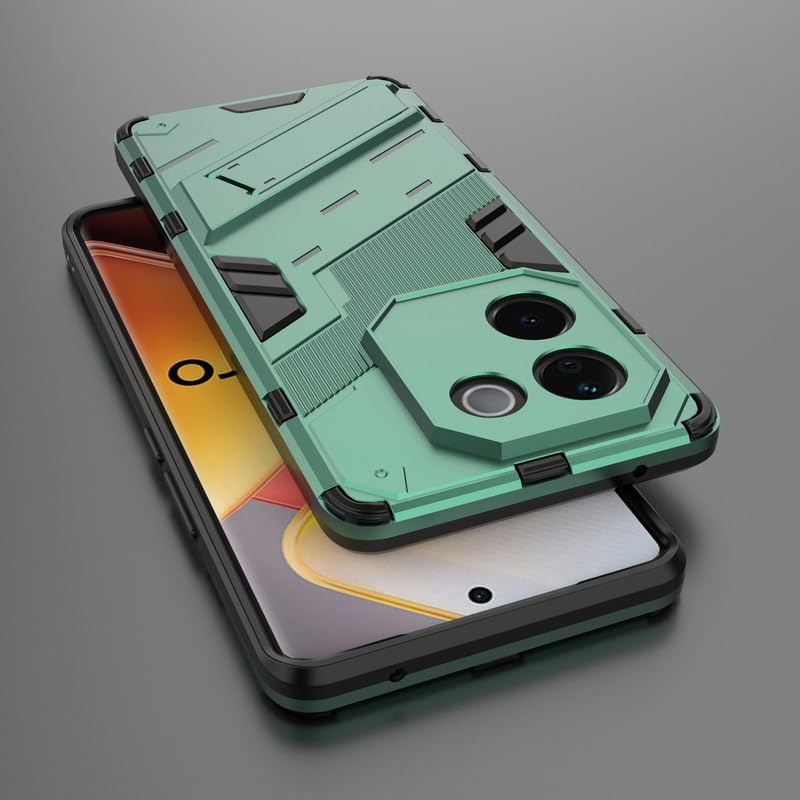 Image of Rugged Hard Back Case Cover for Vivo T3 Pro - Military-Grade Armor with Screen & Camera Guard, Dual-Layer Shockproof Design, Raised Edges, and Built-in Kickstand - Emerald Green