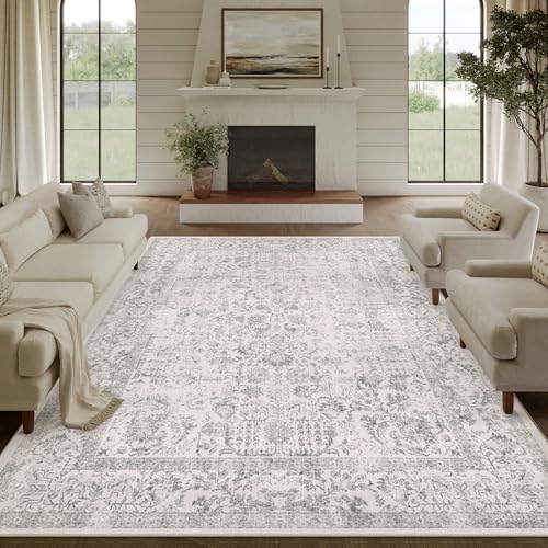 HUGEAR Vintage Grau Waschbarer Teppich Wohnzimmer 240x300cm Retro Rugs for Living Room Weich rutschfest Groß Tepich Kurzflor Schlafzimmer Carpet Living Room Bedroom Esszimmer Teppiche Büro A