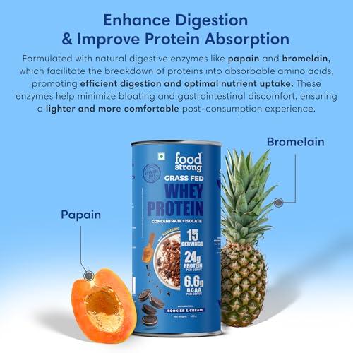Image of Foodstrong Whey Protein Powder (Concentrate + Isolate), 100% Hormone Free Grass-Fed Whey, 24G Protein & 6.6G BCAA, Cookies & Cream, With Turmeric & Digestive Enzymes, (15 Sachets), 525G