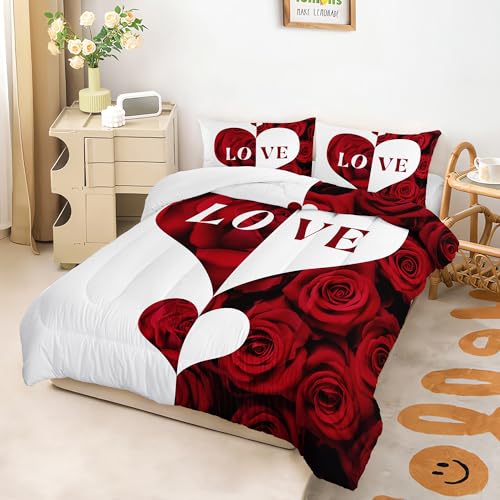 Image of AILONEN 3-Piece Red Rose Comforter Set Queen Size,Red and White Lover Hearts Printed Bedding Set for Room,Romantic Flower Soft Microfiber Comforter with 2 Pillowcases