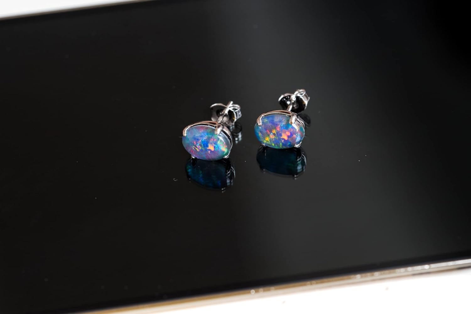 Australian Triplet Opal Earrings - Genuine Triplet Opal Earrings in White Gold Plated on Sterling Silver - Multi Color Simple Design Women's Jewelry