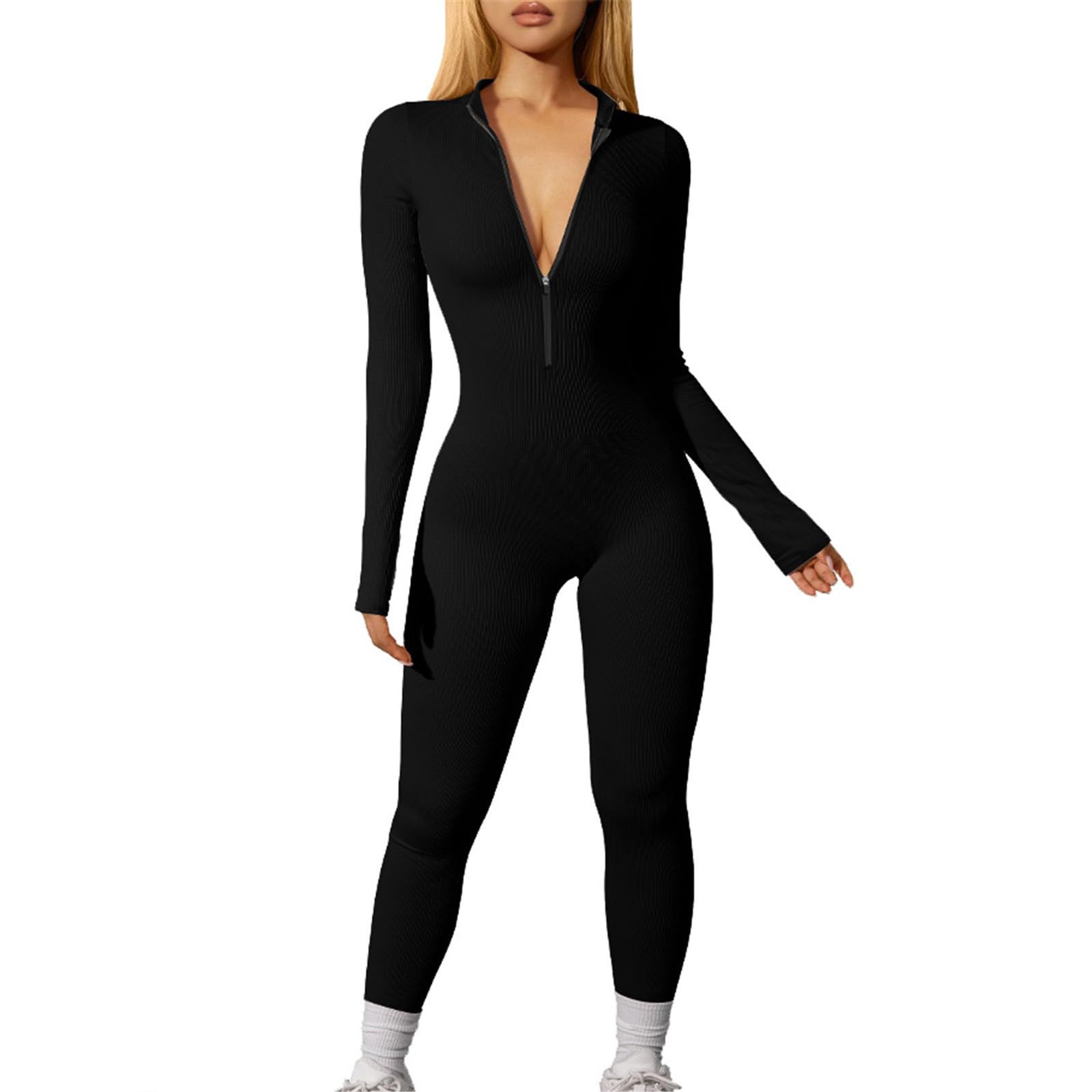 Generic Mono para mujer, ajustado, largo, de manga larga, con cremallera, con cuello de pico, pantalones de peto, sexy, traje de deporte, ligero, de una pieza, cómodos, pantalones cortos de yoga