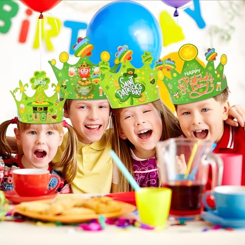 Kreyfer 12 Pcs St. Patrick's Day Paper Crowns Bulk Party Favors - 4 Designs Green Lucky Leprechaun Hats, Rainbow & Shamrock Headwear, Holiday Party Supplies, Fun Irish Accessories for Kids & Adults - Image 6