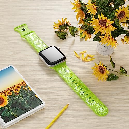 Image of Sunflower Engraved Band Compatible with Apple Watch Bands 38mm 40mm 41mm 42mm 44mm 45mm 49mm Women, Designer Soft Glossy Floral Silicone Strap for iWatch Series Ultra 11 10 9 8 7 6 SE 5 4 3 2 1