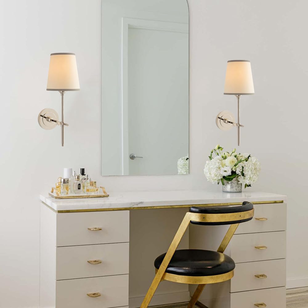 Apliques de Pared Modernos Interior Retro Industrial con Pantallas de Tela de Lino Casquillo E14 Soporte de Columna Luz para Tocador de Baño Dormitorio Sala de Estar O Espejo (Níquel)