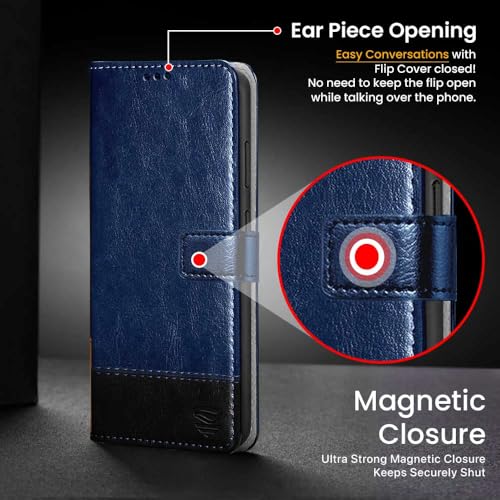 Image of FLIPPED Vegan Leather Flip Case Back Cover for Samsung Galaxy S25 Ultra 5G (Blue with Black)
