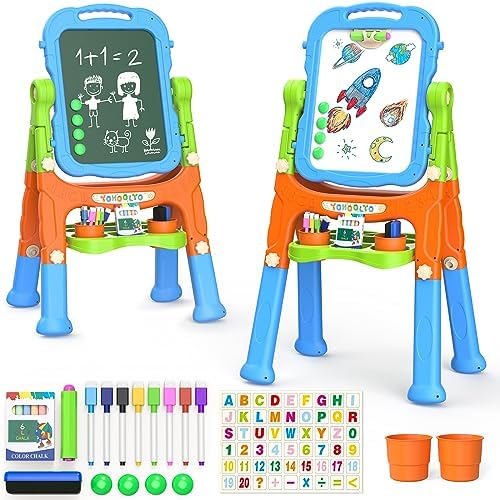 YOHOOLYO Kids Easel Standing Art Easel for Kids, Double Sided Magnetic Chalkboard Whiteboard Dry Eraser Board Great Gift for Girls and Boys