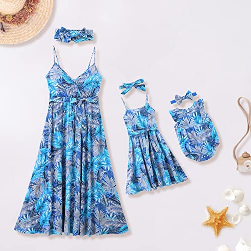 AWIBMK Mommy and Me Dresses Boho Floral Dress Hawaiian Vacation Mom Daughter Outfits with Headband 2PCS2