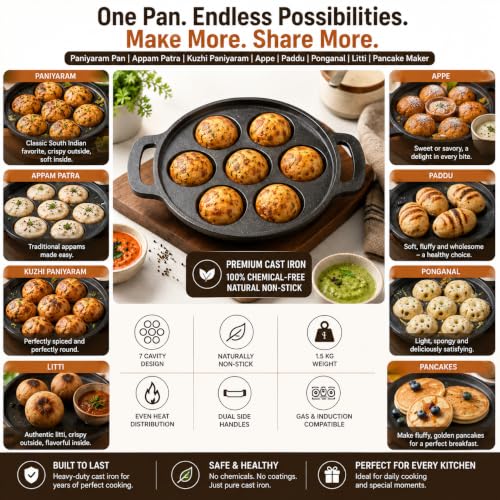 Image of Cast Iron 7 Cavity Paniyaram Pan | Pre-Seasoned Appam Patra, Kuzhi Paniyaram, Appe, Paddu, Ponganal, Litti & Pancake Maker | Naturally Non-Stick | Gas & Induction Compatible | 2 Side Handles (7 Pit)