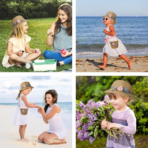 Strohhut und Kleine Tasche Set Mädchen Kinder Sommer Sonnenhut mit Blumendekoration für den Urlaub Reise Outdoor-Aktivitäten Khaki