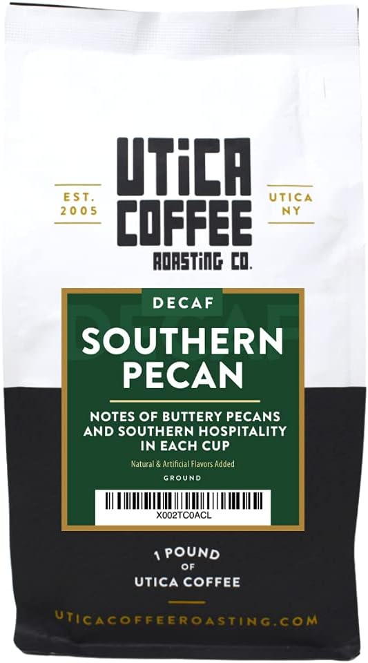 Utica Coffee Roasting Co. Decaf Southern Pecan | Specialty Flavored Medium Roast Ground Coffee | 16 Oz Reclosable Bag