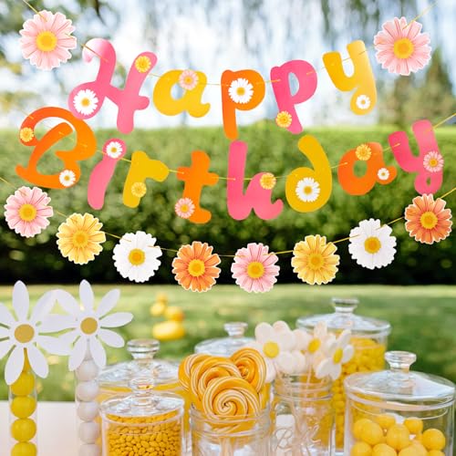 Image of SUNBEAUTY Flower Daisy Happy Birthday Banner Groovy Party Banners Groovy Party Decorations Boho Happy Birthday Banner Daisy Retro Hippie Party Supplies Baby Shower | Pre-Strung
