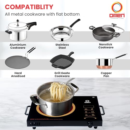 Image of Omen Changing Lives Unique 2000W Infrared Induction Cooktop With Stainless Steel Grill | Smart Touch Control | Infrared Crystal Glass Top | 3 Cooking Modes - BBQ, Quick Fry & Soup | 1 Year Warranty