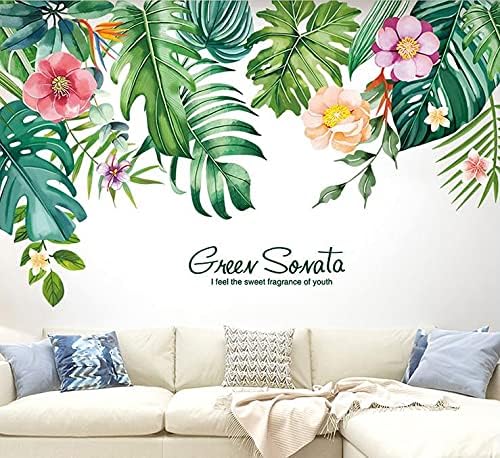 Calcomanías de pared de hojas tropicales, removibles, palmeras verdes de la selva, plantas de árbol, flores, calcomanías de pared para sala de