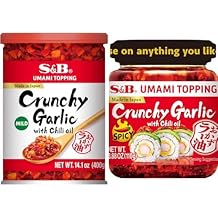 S&B Chili Oil with Crunchy Garlic 14.1 Ounce and Umami Topping Garlic Spicy 3.88 Oz Bundle - Japanese Condiment Set