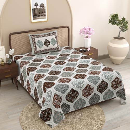 Image of Pure Cotton Single Bedsheet with 1 Pillow Cover, 220 TC Premium Jaipuri Bedsheet for Single Bed | 60x90 Inch - Multicolor Floral Print