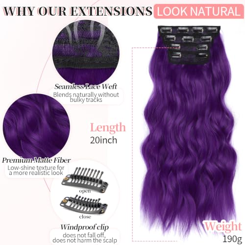 Image of KooKaStyle Clip in Synthetic Hair Extensions Long Wavy 4PCS Thick Hairpieces Electric Purple Fiber Double Weft Natural Hair Extensions 20 Inch for Women