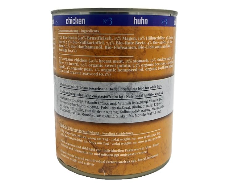 My Nassfutter Bio-Huhn mit Bio Süßkartoffel, Bio Rote Beete, Bio Apfel und Bio Birne 820g Dose mÿ Hundefutter ohne Konservierungsstoffe, künstliche Aromastoffe und Farbstoffe & Lockstoffe