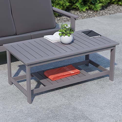 Bizchair All-Weather Poly Resin Wood Two Tiered Commercial Grade Adirondack Slatted Coffee Conversation Table In Gray #TOP1