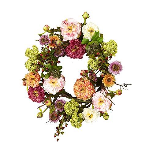 image for Nearly Natural 24in Artificial Peony Wreath Faux Floral Door Wreath fo