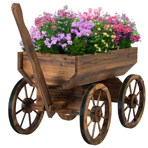 Wood-Wagon-Planter-for-Outdoor-Balcony-Decor-Garden-Rustic-Wooden-Flower-Cart-with-Wheels-for-Outside-Decorative-Indoor-Wheelbarrow-Planter-for-Patio-Reinforced-Wheel Wood Wagon Planter for Outdoor Balcony Decor Garden Rustic Wooden Flower Cart with Wheels for Outside Decorative Indoor Wheelbarrow Planter for Patio Reinforced Wheel