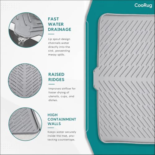 Image of CooRug Silicone Dish Drying Mat for Kitchen - Built-in Drain Lip | Hygienic Drying Pad - Sturdy Compact Easy to Clean Tray Protects Surfaces Prevents Water Build Up - 40 X 30 Cm (Grey)
