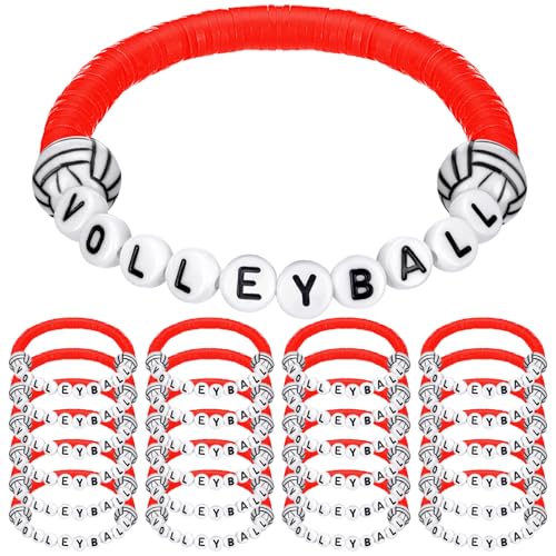 Trnay 24 Pcs Volleyball Clay Beaded Bracelets Stretchy Gifts, Red