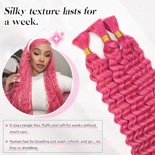 16 Inch Deep Wave Human Braiding Hair for Boho Braids – 120g 3 Bundles/Pack Pink 100% Unprocessed 12A Brazilian Virgin Human Hair Bulk, No Weft, Wet & Wavy Curly Extensions — view 3