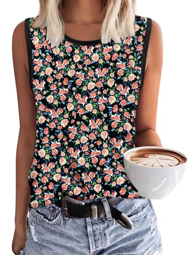 KISSMODA Womens Flora Print Tank Tops Ribbed Summer Shirt Sleeveless Summer Casual Women Blouses(S-3XL)