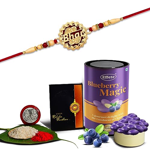 Image of DeoDap Multicolor BHAI coded rakhi / Bracelet (K1 527 AS) & Effete Assorted Chocolate Dry fruits 96gm with Silver Color Pooja Coin, Roli Chawal & Greeting Card, Occasion, Rakhi for brother with gift, Rakhi with chocolate, rakhi combo for brother, Set of 1 Rakhi, Rakhi Chocolate Gift combo