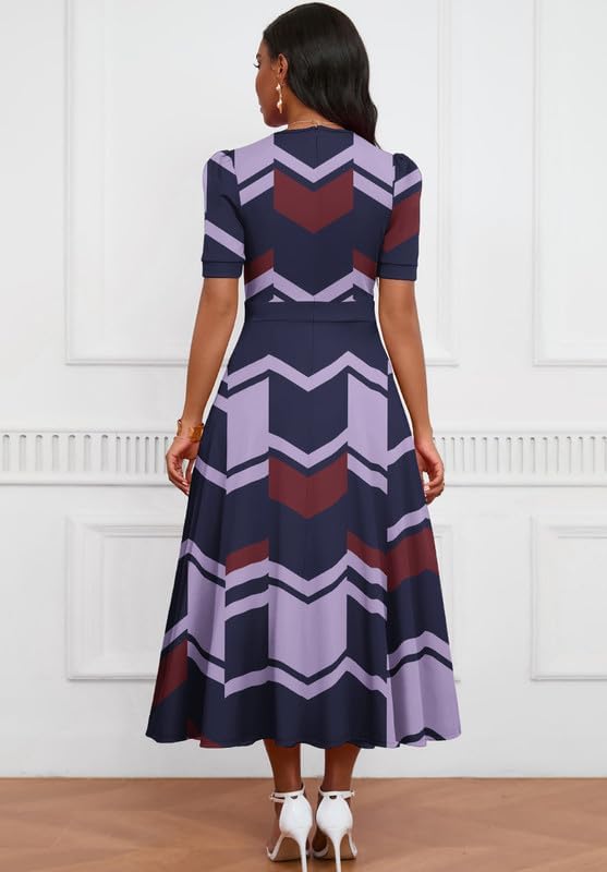 Image of MarryUP Women's Midi Dresses - V Neck Cocktail & Church Tea Dresses - Short Sleeve A-Line Swing Dress