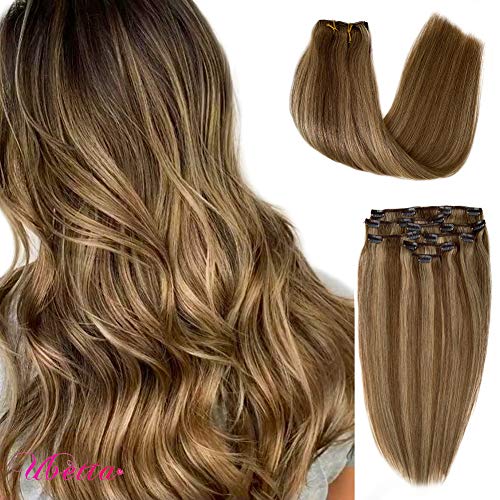 Clip in Hair Extensions Ash Brown with Beige Blonde Highlights Remy Clip in Human Hair Extensions 7 Pieces Double Weft Straight Clip in Real Hair Extensions Full Head for Women 14Inch 100G