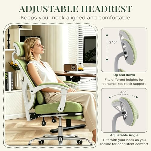 Image of Ergonomic Office Chair with Footrest, High Back Home Desk Computer Chair with Lumbar Support & Headrest, 90-135 Reclining Mesh Back with Wheels for Work, Gaming, Green
