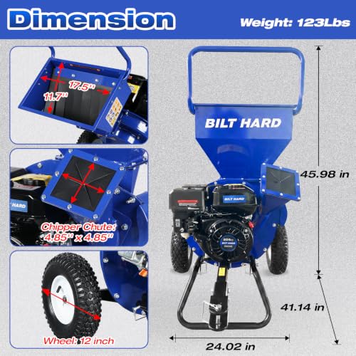 Image of BILT HARD 7.5HP 224cc Gas Powered Wood Chipper Shredder with Tow Hitch, 3-in-1 Heavy Duty Mulcher, Towable Design, 3 inch Max Branch Capacity, 1 /2 inch Shredding Hopper