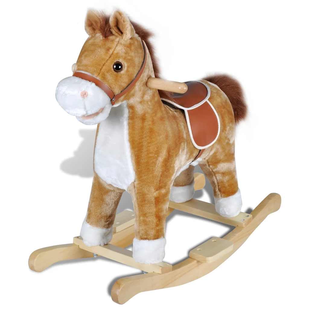 Cavallo a dondolo in morbido peluche, per bambini a partire dai 12 mesi, 65 x 32 x 60 cm, carico massimo 25 kg, imbottito ergonomico, con arco da gioco e cintura di sicurezza per una