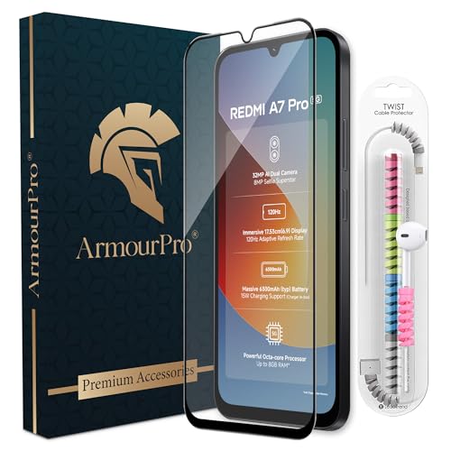 Image of ArmourPro Military-Grade Tempered Glass for Redmi A7 Pro - 9H Anti Scratch, Edge-to-Edge Coverage, HD Clarity, Smooth Touch, Case Friendly, Easy Installation Kit with Cable Protector