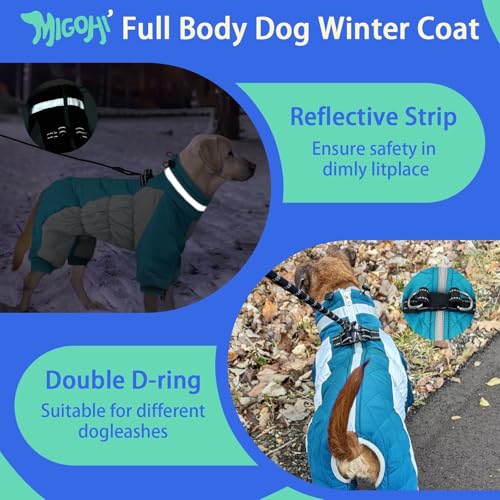 Image of MIGOHI Full Body Dog Coat，Warm Coats for X-Small Dogs | Windproof Winter Coat for Dogs with Harness,Turtleneck Dog Snowsuit with Legs,Reflective Puppy Fleece Puffer Jacket,XS,Turquoise