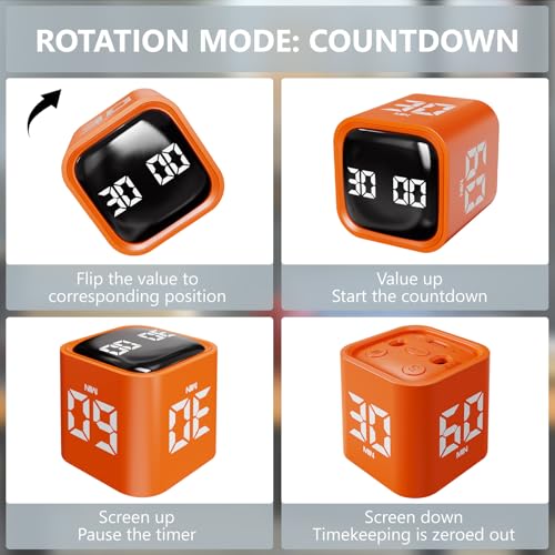 Image of GuDoQi Multi-Function Cube Timer, 5 /10 /30 /60 Min & Custom Count Down, Included Pause & Resume Feature, Silent, Vibrate & Adjustable Sound Alarm for Productivity in Tasks, Study & Kitchen, Orange