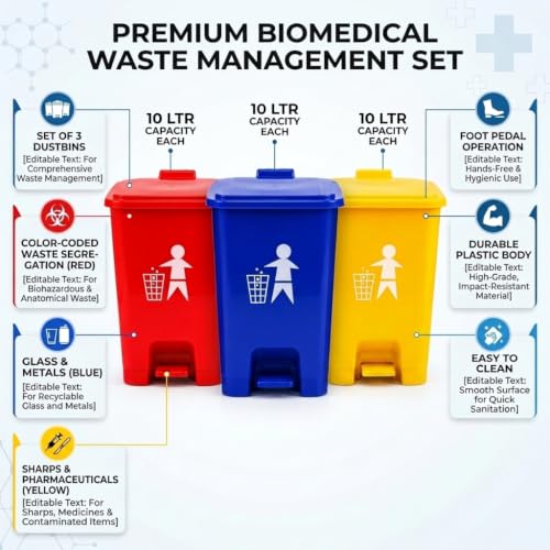 Image of Biomedical Waste Pedal Dustbin Set of 3 (10 LTR Each) | Color-Multi Color Coded Bins | Foot Operated | With Free Check Duster Cloth