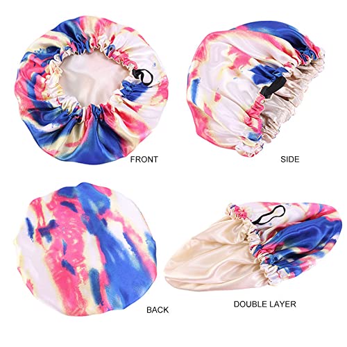 Adjustable Drawstring Tie Dye Double Layer Reversible Silk Satin Mommy and Me Bonnet Sets for Adult Women Kids Toddler Infant Girl Boy Night Sleep Hat Natural Curly Hair