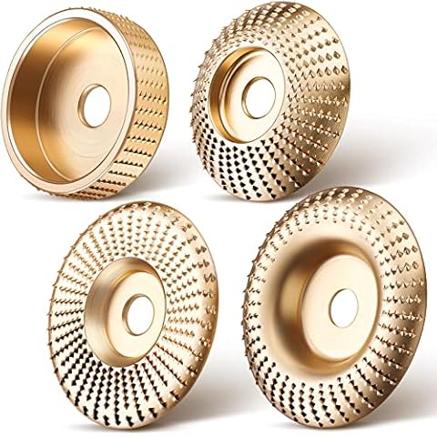 4 Pcs Wood Carving Disc for 4 or 4-1/2 Inch Angle Grinder with 5/8 Inch Wood Grinding Wheel Disk with Universal Grinder Wrench for Woodworking Wood Carving, Shaping, Grinding, Polishing, Golden Cover