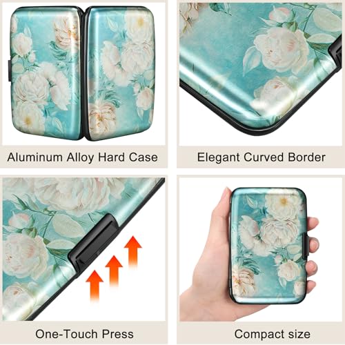Image of ELFISH Mini RFID Aluminum Wallet Credit Cards Holder Business Card Case Metal ID Case for Men Women, White peony