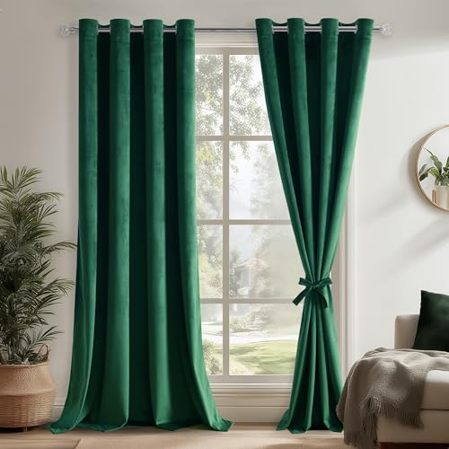 DWCN Cortina De Terciopelo Verde con Ojales, Juego De 2 Unidades,H245XB140cm, Cortinas Opacas De Terciopelo con Alzapaños para Salón Dormitorio, Oscurecimiento Suave, Cortinas De Terciopelo Opacas