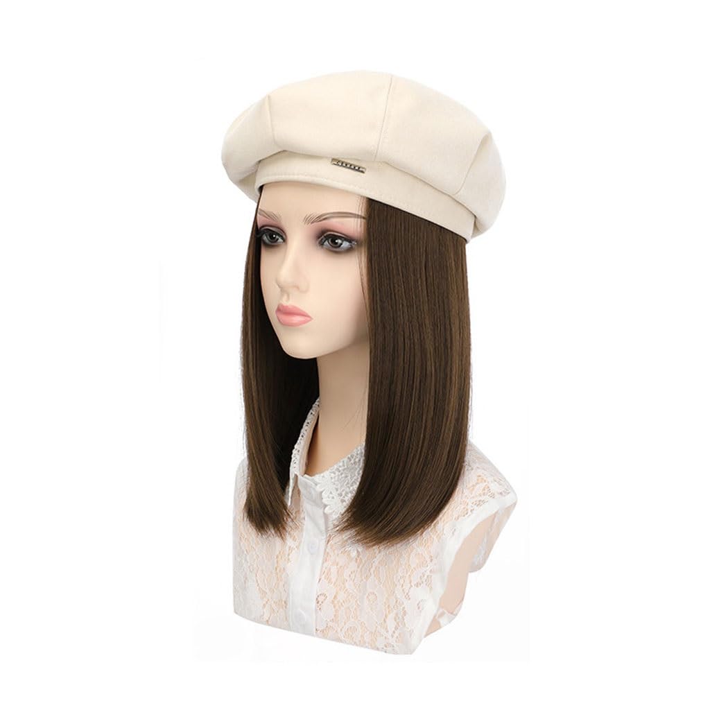 FEELIN Baseball Cap with Hair Extensions Wig Hat Women's Fashion Wig Hat Medium-Length Straight Hair Beret with Wig Adjustable Wig Hat Hat Wig (Color : C)