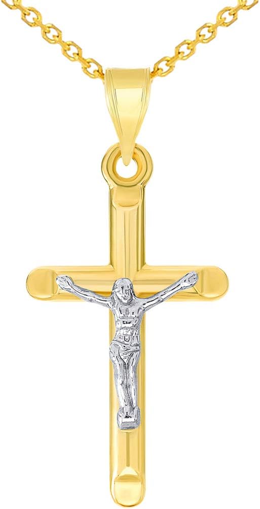 14k Yellow Gold Two-Tone Religious Classic Tube Crucifix Pendant Necklace
