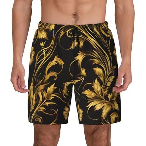 Gold Black Print Men Stylish Functionality Swim Trunks Breathable Beach Shorts Surfing Gym Fishing