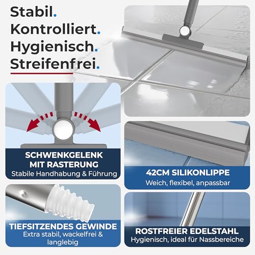 PinPro Wasserschieber 152cm lang mit Edelstahl Stiel und 42cm weichen Gummilippe Gelenk mit Rasterung ideal für Dusche, Bad und Küche