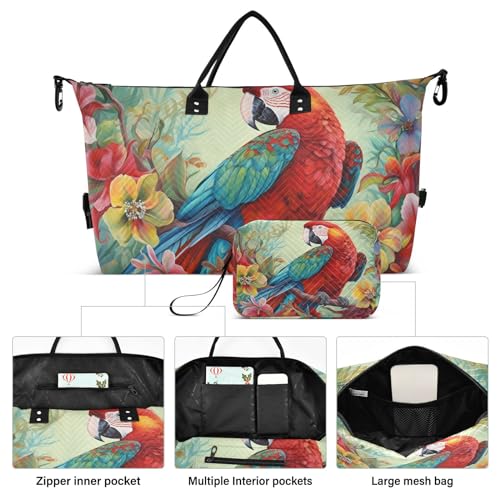 Large Travel Duffel Bag, Parrot Floral Sports Tote Gym Bag, Shoulder Weekender Overnight Bag for Women Men, Carry On Luggage with Toiletry Bags2