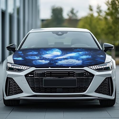Image of Blue Bling Butterfly Car Hood Cover Polyester Elastic Fabrics Washable Suitable for Large SUV and Pickup Trucks 39x59in