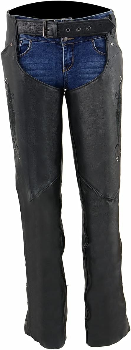 Milwaukee Leather Women's Classic Black Premium Leather Motorcycle Chaps w/Black Wing Embroidery-ML1179
